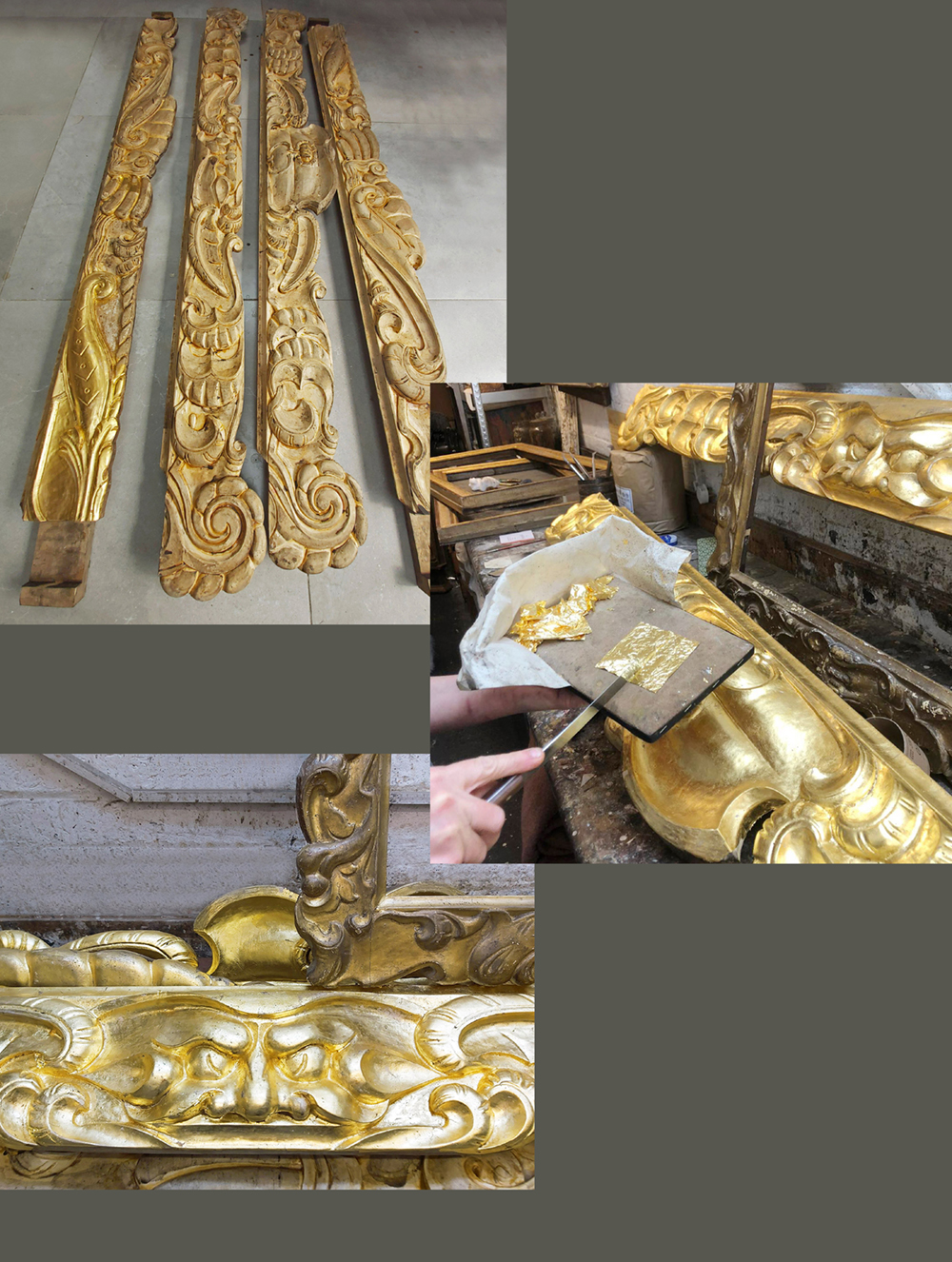 Gilding, with a 17th century Auricular frame as a guide for the colour, tone and finish