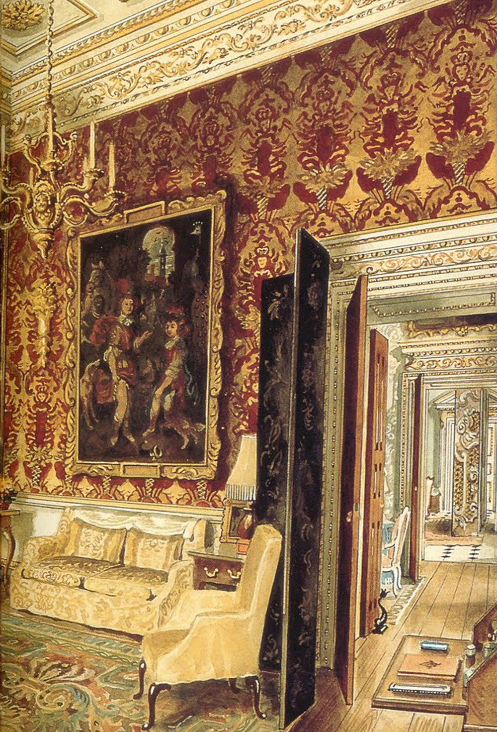 Alexandre Serebriakoff  (1907-95), The Velvet Room at Ditchley Park, c.1943, detail with Huysmans’s 1st Earl of Lichfield & wife