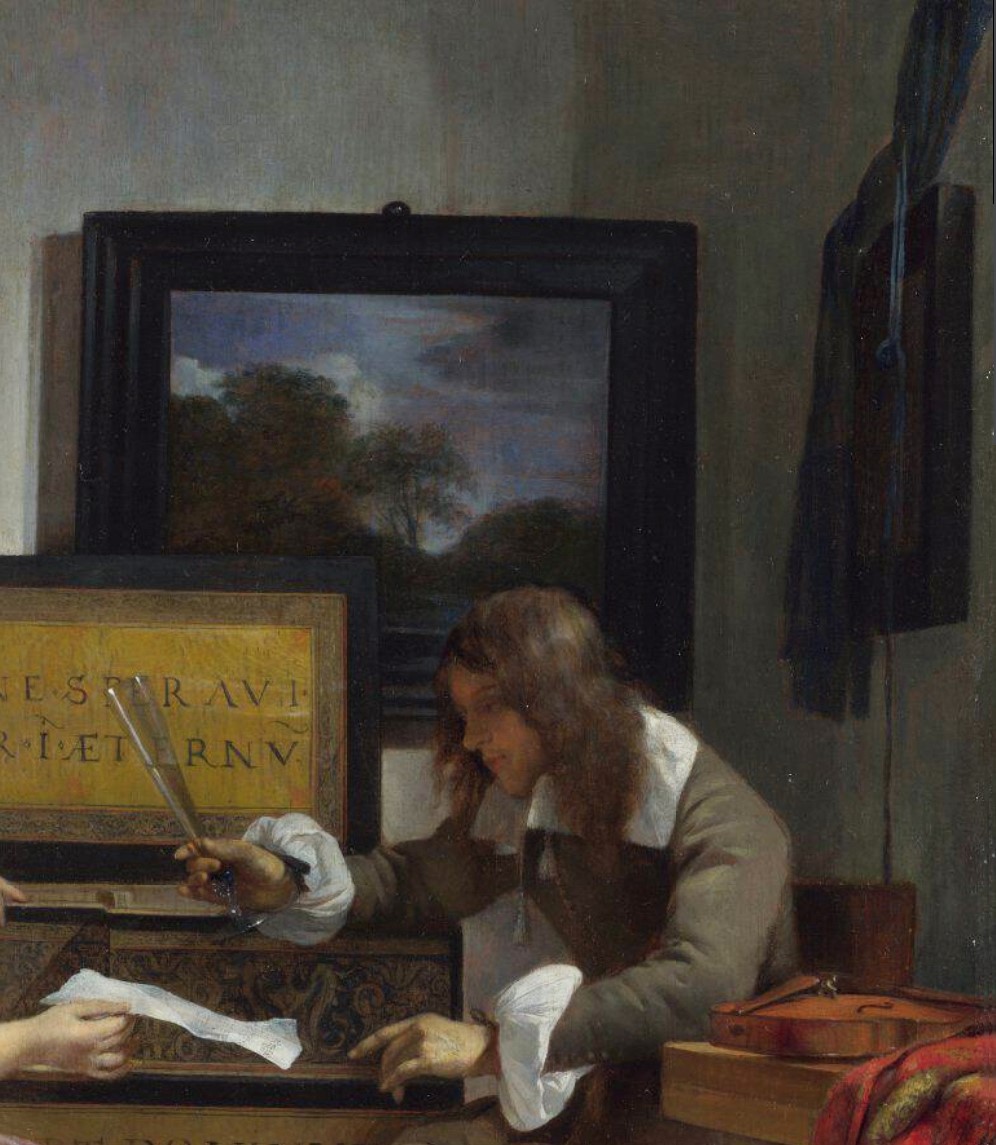 Gabriël Metsu, Detail of Man and woman at a virginal, c. 1665, oil on panel, 38.4 x 32.2 cm, National Gallery