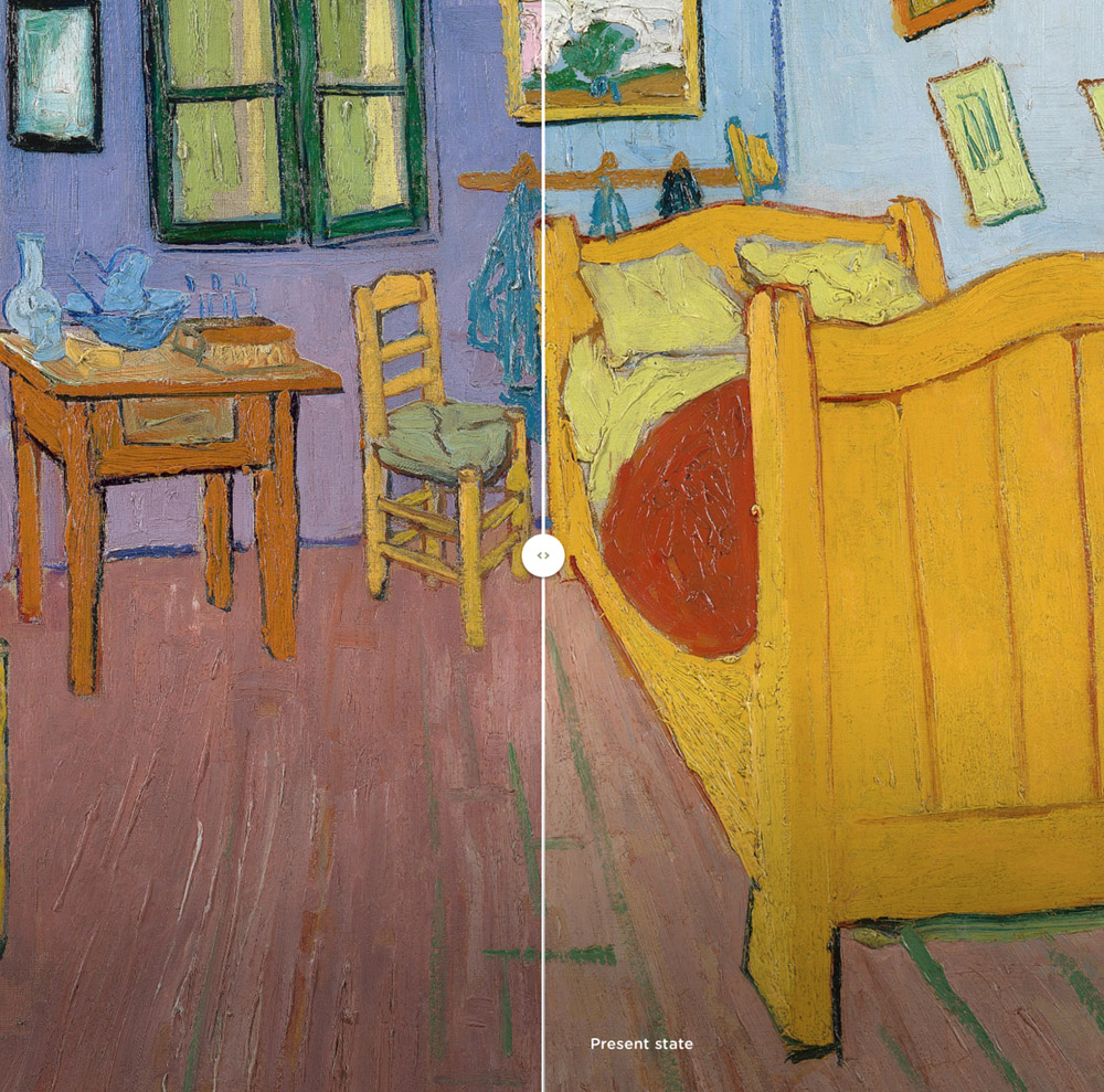 Van Gogh (1853-90), The bedroom, 1888, o/c, 72.4 x 91.3 cm., detail with colour reconstruction (left), and current state (right)