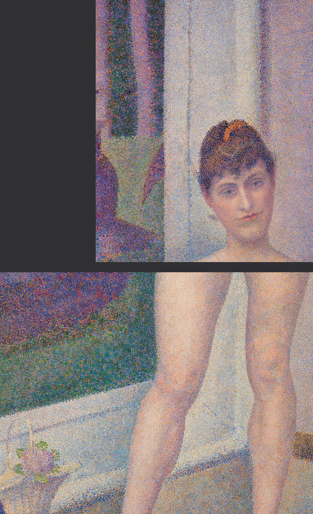 Seurat (1859-91), Les poseuses, 1886-88, Barnes Foundation, details showing La Grande Jatte, 1884, in its original white frame, exhibited 8th Impressionist exh., 1886, Art Institute of Chicago